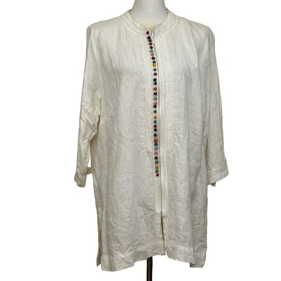 Soft Surroundings white linen tunic, embellished, medium, coastal, holiday - Picture 1 of 6
